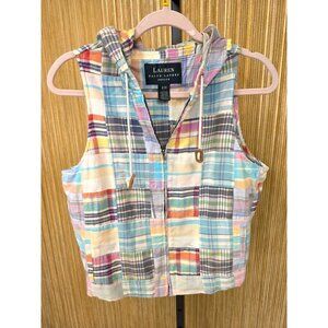 Ralph Lauren Madras Patchwork Vest hood Size Petite Medium Preppy Pockets Cotton